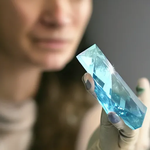 Image similar to Waya Steurbaut holding an aquamarine diamond in the style of waya Steurbaut