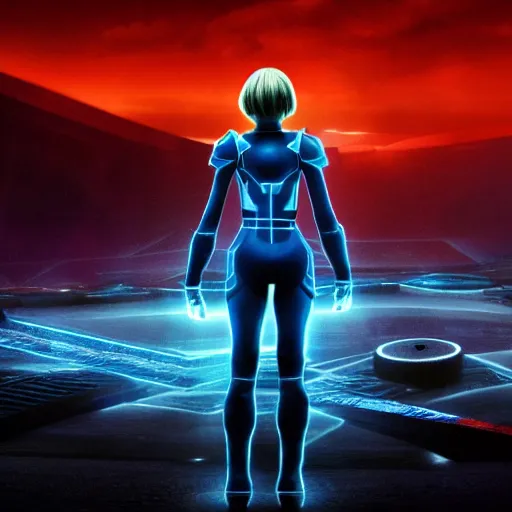 Image similar to Samus Aran standing on a desolate planet, Tron: Legacy (2010) style, movie still, official media, 4k HD