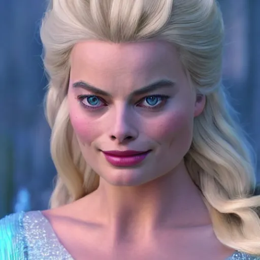 Image similar to Margot Robbie as Elsa in disney frozen live action, 8k full HD photo, cinematic lighting, anatomically correct, oscar award winning, action filled, correct eye placement,