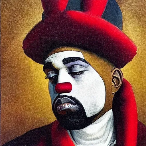 Prompt: a painting of stanczyk by jan alojzy matejko depicting kanye west as the sad clown, ultra detailed, realistic