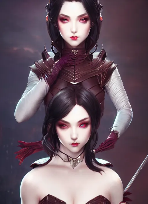 Image similar to full plate armor!!! beautiful and elegant dark hair female vampire!! gorgeous ayes!! character concept art, sharp focus, octane render! unreal engine 5! highly rendered!! trending on artstation!! detailed linework!! illustration by artgerm, wlop, and chie yoshii