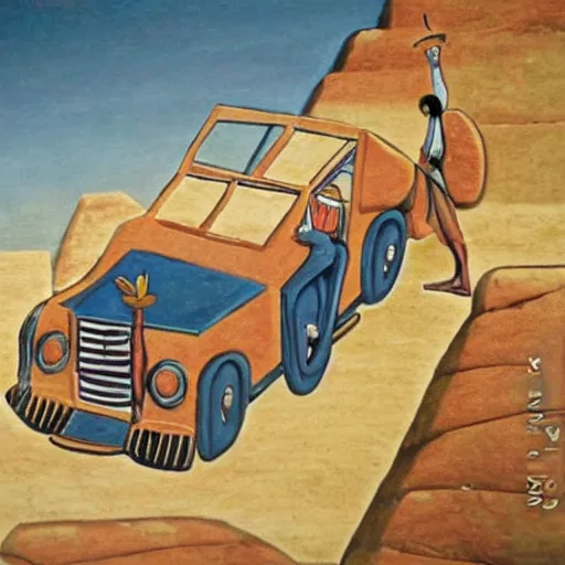 Image similar to egyptian rides in a car behind the wheel, rock painting in fresco