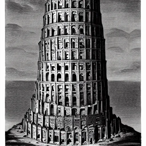 Image similar to the tower of babel, dark cartoon scene by charles addams