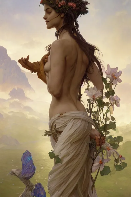 Prompt: goddess of nature, accurate anatomy, only two hands, highly detailed, digital painting, artstation, concept art, smooth, sharp focus, illustration, Unreal Engine 5, 8K, art by artgerm and greg rutkowski and edgar maxence and alphonse Mucha and Frank Frazetta