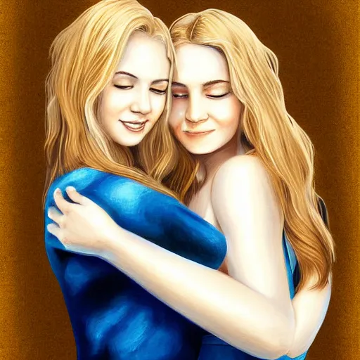 Prompt: a painting two young women in their 2 0 s hugging, they are both beautiful with long blond hair, highly detailed, digital art