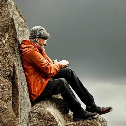 Image similar to a lonesome man, sitting on a cliff on a very rainy day, taking a drag from a cigarette as he watches his life fall apart