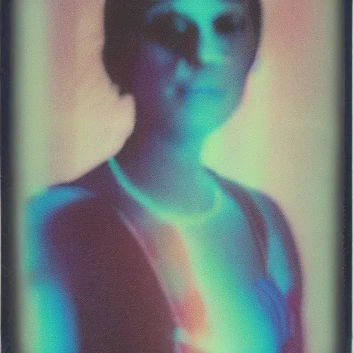 Prompt: coloured atmospheric polaroid photo of a realistic banshee transparent smoky in a interior of living room flashlight light