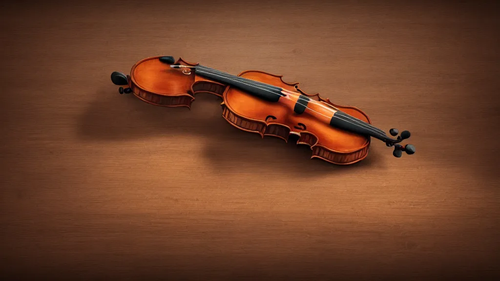 Prompt: a violin on an ancient beautiful ornated wood desk in victorian house, beautiful reflexions, detailed wooden table, photorealistic, photorealism, diffuse light, octane render