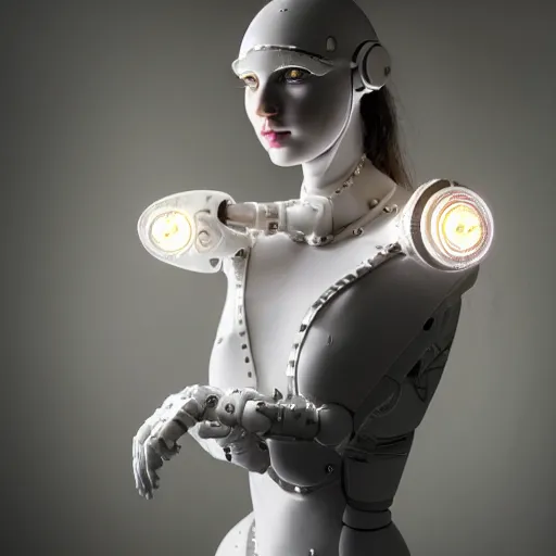 Image similar to beautiful centered fine art photo portrait of romantic beautiful girl as a solarpunk robotic humanoid, white mechanical parts with led lights, ballet style pose, photorealistic, white background, highly detailed and intricate, soft box lighting, hdr 8 k