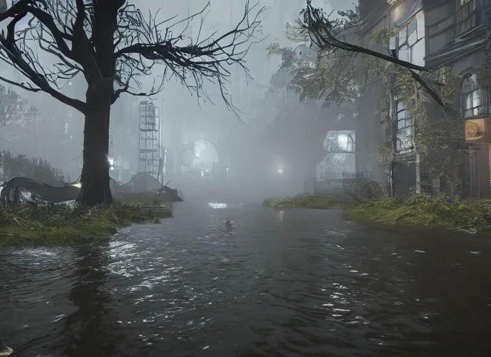 Image similar to dark, misty, foggy, flooded new york city street swamp in Destiny 2, liminal creepy, dark, dystopian, abandoned highly detailed 4k in-game destiny 2 screenshot gameplay showcase