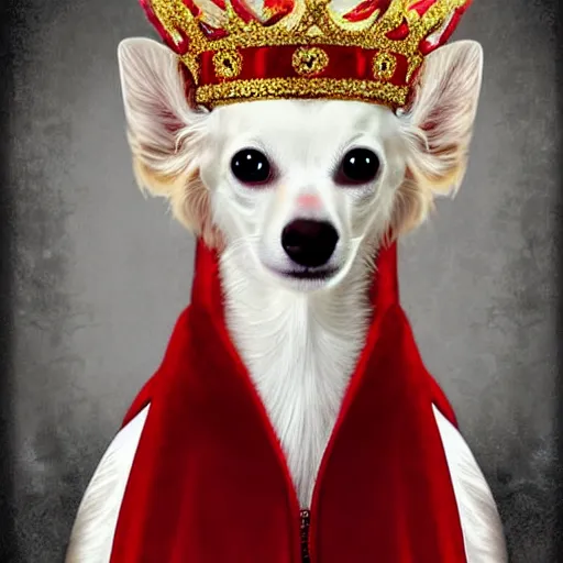 Prompt: long hair white chihuahua king wearing a red and gold crown cinematic composition, digital art, cute