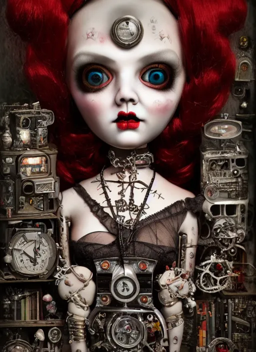 Image similar to highly detailed wide - angle portrait of a retro mechanical goth doll, nicoletta ceccoli, mark ryden, lostfish, earl nore, hyung tae, frank frazetta, global illumination, detailed and intricate environment