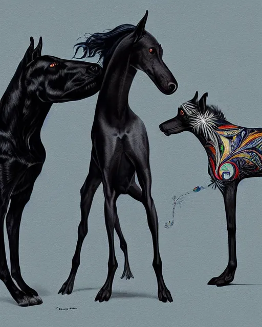 Image similar to painting of hybrid between black weimaraner & black stallion horse! & intercrossed animal, by mattias adolfsson, by tiffany bozic, cold hue's, concept art, single object scene, beautiful composition, 8 k, digital painting