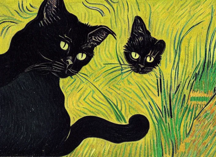 Prompt: a portrait of a black cat with long hair painted by Vincent Van Gogh-H 1024