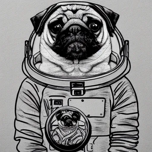 Image similar to pencil art, golden - ratio, spirals, highly detailed, astronaut pug in outer space by davinci.