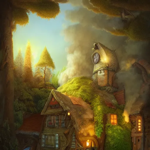 Image similar to a detailed illustration idyllic the house with smoke coming out of the chimney in the forest scene by Justin Gerard, trending on artstation, cgsociety, deviantart