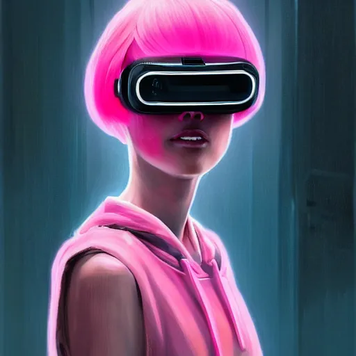 Image similar to Portrait of a woman by Greg Rutkowski, symmetrical face, a girl withj neon pink bob hair using a VR Headset, Kubric Stare, crooked smile, she's wearing an oversized hoodie, highly detailed portrait, scifi, digital painting, artstation, book cover, cyberpunk, concept art, smooth, sharp foccus ilustration, Artstation HQ