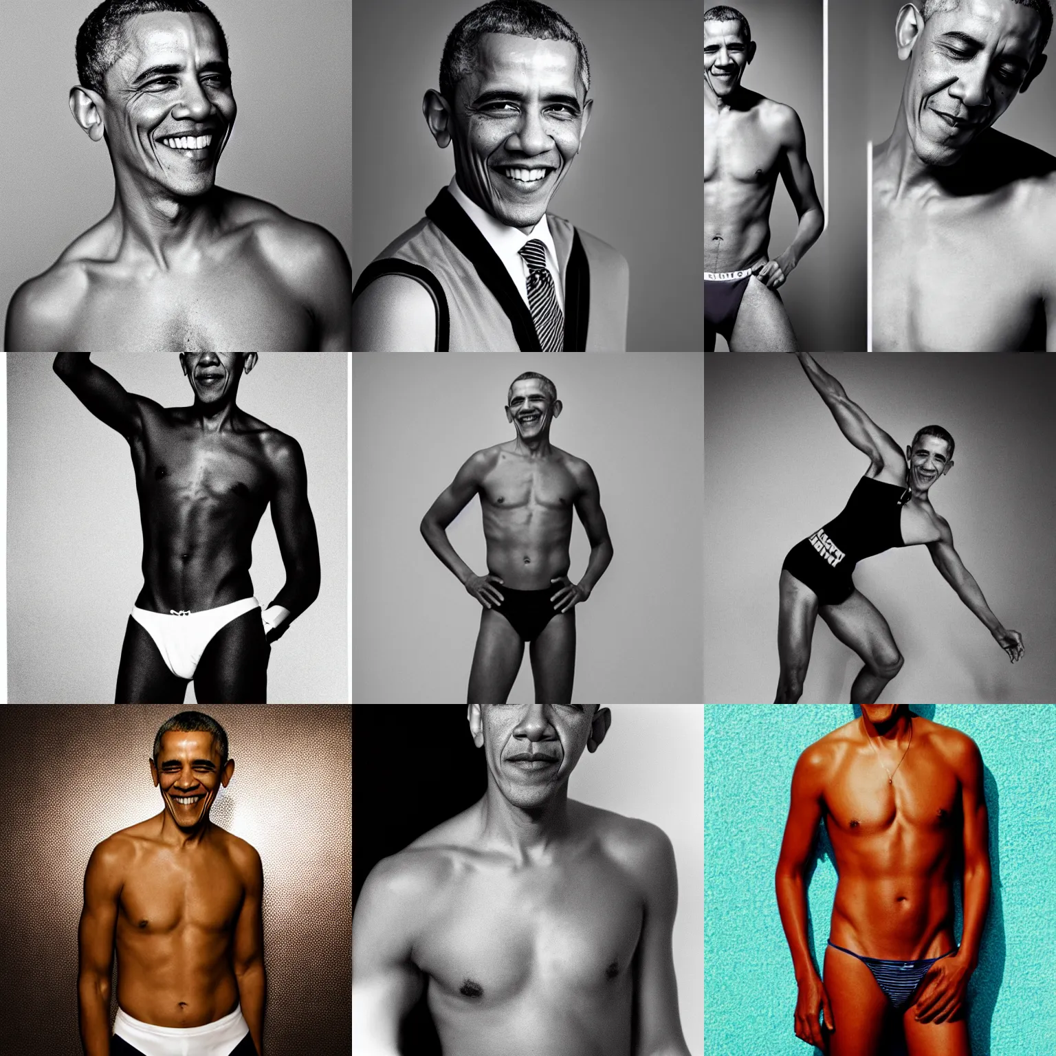 Prompt: Photo of Barack Obama in swimsuit, soft studio lighting, photo taken by Terry Richardson for Abercrombie and Fitch, award-winning photograph, 24mm f/1.4