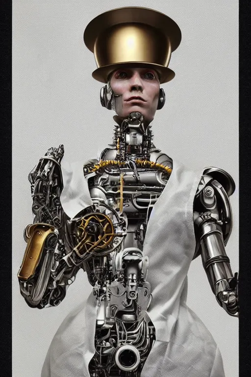 Image similar to a beautiful ultradetailed vintage photo of a futuristic cybernetic cyborg male wearing a tall white chef hat and an apron, by tom bagshaw and natalie shau, portrait, 3 5 mm lens, golden ratio composition, detailed face, studio photography, very detailed, humanoids, industrial robots, artstation, 8 k, highly coherent