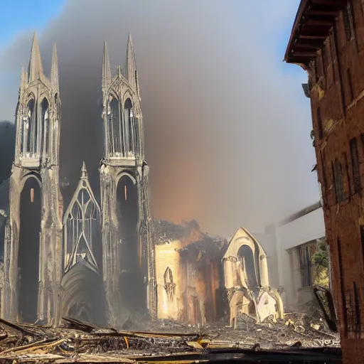 Prompt: A gigantic cathedral collapsing from an explosion