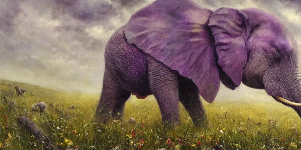 Image similar to purple elephant running in meadow, close up, raining, mountain behind meadow, menacing, illustration, detailed, smooth, soft, cold, by Adolf Lachman, Shaun Tan, Surrealism