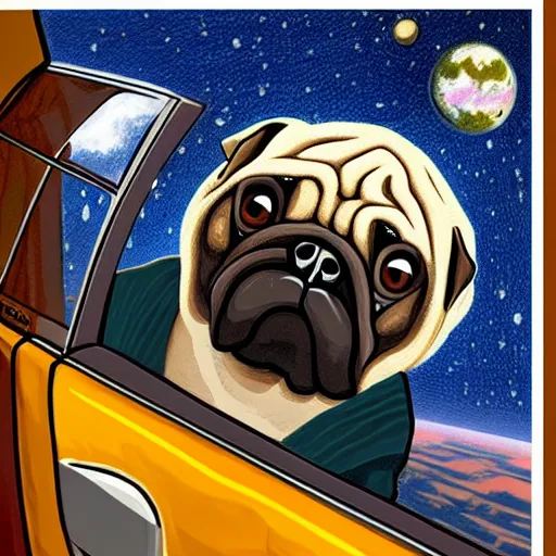 Prompt: golden - ration, gif, high - resolution, pencil art, colorized, extra - detailed, 8 k - resolution, pug astronaut, opening door, in space that leads into the universe
