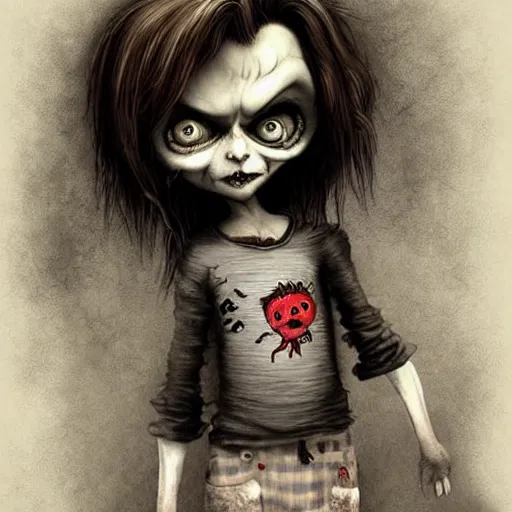 Image similar to grunge cartoon drawing of a cute chucky by - michael karcz , in the style of corpse bride, loony toons style, horror themed, detailed, elegant, intricate