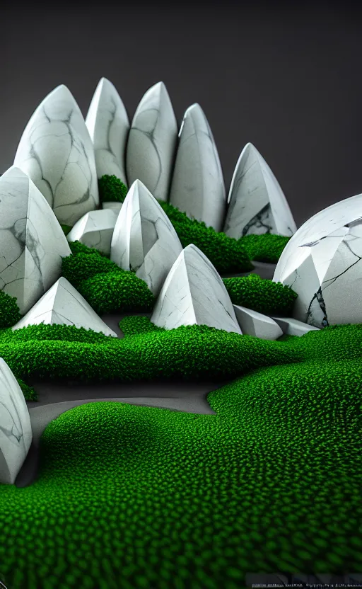 Image similar to highly detailed ultra sharp 3 d render cinematic composition of a smooth ceramic porcelain magnolia stone white fluid fractal sci - fi surreal architecture landscape, marble, magnesium, vining foliage blooms, archviz, vincent callebaut composition, mamou - mani, beautiful lighting, 8 k, unreal engine, hdr, dof