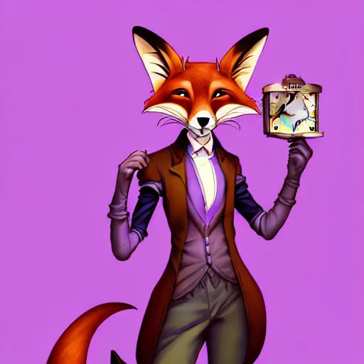 Image similar to don bluth, loish, artgerm, steampunk, clockpunk anthropomorphic fox girl, purple vest, smiling, symmetrical eyes symmetrical face, colorful animation forest background