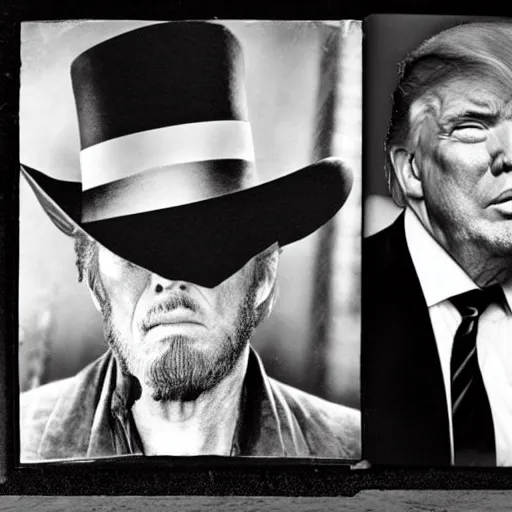 Image similar to an 1 8 0 0 s photo of donald trump playing the role of clint eastwood, squinting at high noon, in the style of a clint eastwood movie, the good, the bad and the ugly, clint eastwood, vibe, donald trump, glory days, mount rushmore, stern, resolve, formal, justice, american flag, independence, patriotism