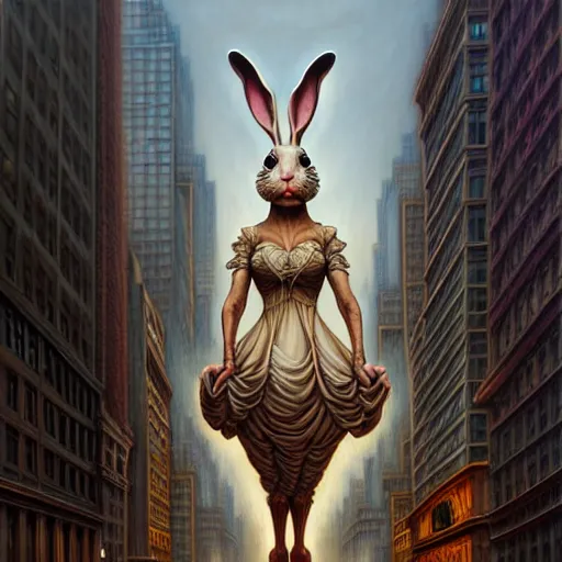 Prompt: gigantic crying bunny in the middle of downtown new york, intricate, elegant, highly detailed, centered, digital painting, artstation, concept art, smooth, sharp focus, illustration, artgerm, Tomasz Alen Kopera, Peter Mohrbacher donato giancola, Joseph Christian Leyendecker, WLOP, Boris Vallejo