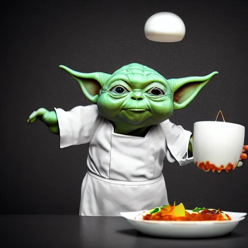 Image similar to curious mouth agape innocent tiny chubby babyfat baby yoda as chef wearing white chefs hat and white apron, offering a plate of food, vegetables, photography, hyperrealism, unreal engine, octane 3 d render, houdini, unity 3 d