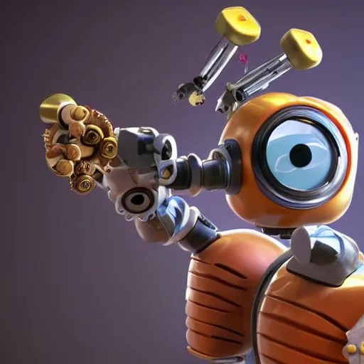 Image similar to a cool mechanic robot chick, with a tv head and gears and bolts everywhere on its body, doing karate moves in the air and swinging an electric guitar, 3 d render by pixar and disney