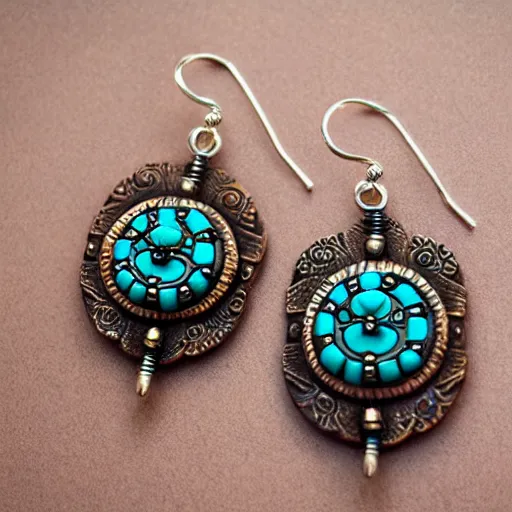 Prompt: Steampunk turquoise earring design, Polymer clay earrings, product photography, studio photo