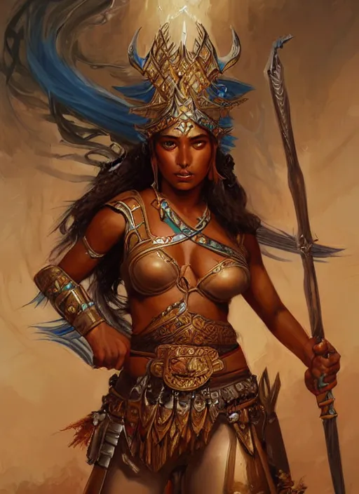 Prompt: highly detailed painting of a warrior goddess with maldivian, tan skin, blue - eyes, high fantasy, dungeons and dragons art by jon foster and art by peter mohrbacher trending on artstation