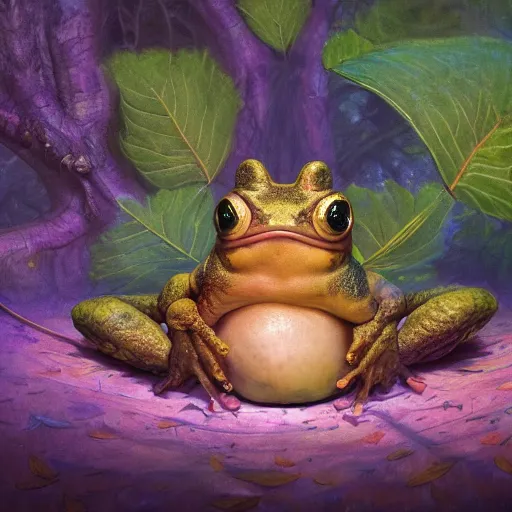 Image similar to soulful long shot of a crazy toad baby sitting under a big leaf, by esao andrews, by m. w. kaluta, ultra humorous illustration, small depth of field, perspective perception, volumetric light, psychedelic colors, 3 d octane render, 8 k, conceptart, hyperdetailed, hyperrealistic, trending on artstation