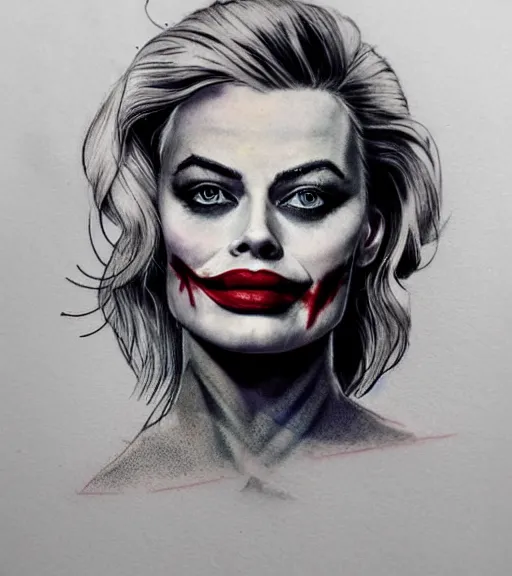 Prompt: tattoo design sketch of beautiful margot robbie portrait with joker makeup, in the style of den yakovlev, realistic face, black and white, faded sides, realism tattoo, hyper realistic, highly detailed