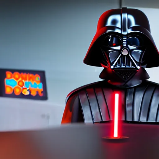 Image similar to darth vador working at dunkin donuts , 8k cinematic lighting, very sharp detail, anatomically correct