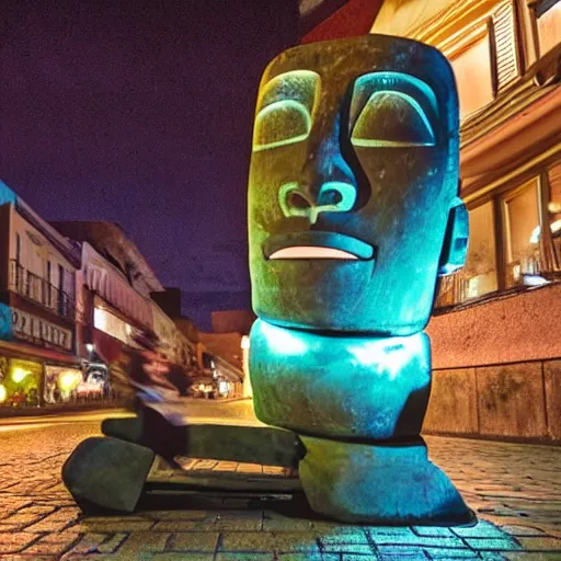 Prompt: a moai head statue roller skating on the street, set at night