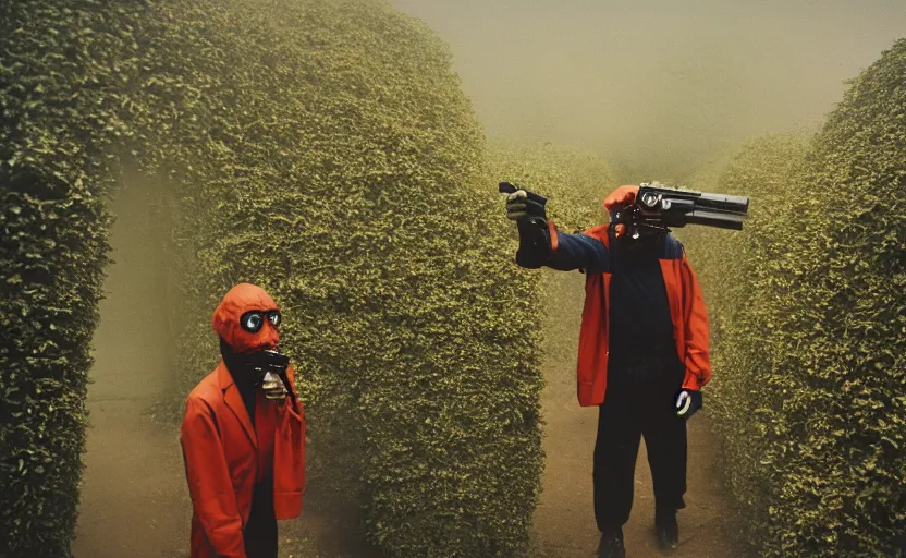 Image similar to cinestill 5 0 d photographic portrait by helen levitt of dark red hazmat scientists with guns walking through a brutalist hedge maze, extreme closeup, cinematic, modern cyberpunk, dust storm, 8 k, hd, high resolution, 3 5 mm, f / 3 2, tenet