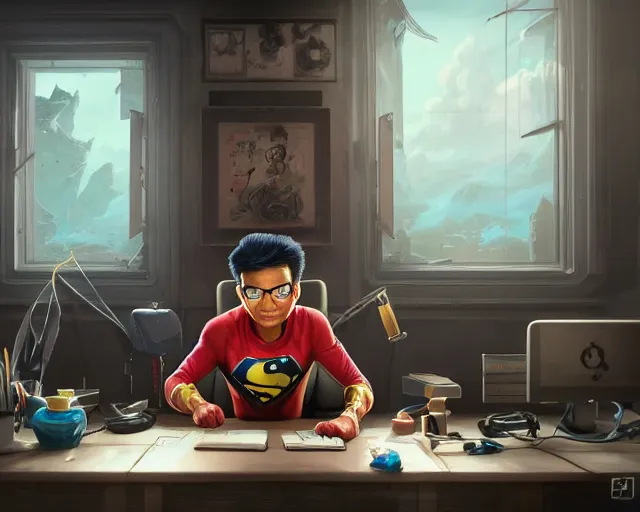 Image similar to an insanely detailed painting of a nerdy asian man wearing a superhero costume, sitting at a desk, staring at the nervously at the computer and typing, in the style of peter mohrbacher, dramatic lighting and composition, surreal background, octane render, pixar, trending on artstation, concept art, comic book, view from behind