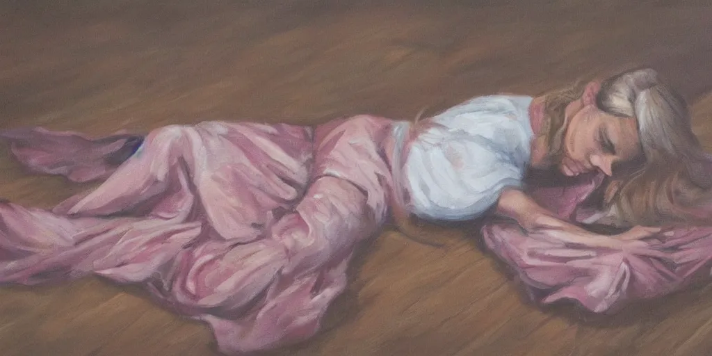 Prompt: painting of sad woman in fetal position lying on the floor