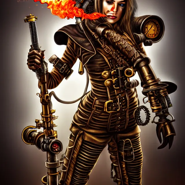 Image similar to steampunk warrior with a flamethrower, highly detailed, 4 k, hdr, smooth, sharp focus, high resolution, award - winning photo, anne stokes, photorealistic