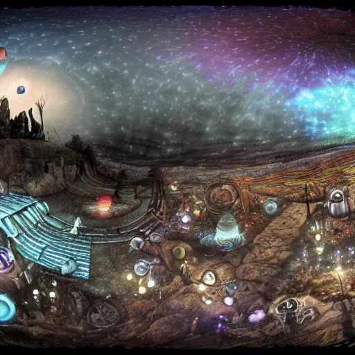 Prompt: 360º, equirectangular, style Alexander Jansson View of the scenario of an outdoor rock concert in a lunar landscape, darkness, night lighting, colored spotlights, psychdelic lights, a gloom, much public to the stage looking at the concert, the public is formed by aliens and robots,, realistic, many details, ultra detailed, render, render Vray, octane render, rendering, unreal Engine5, HDRI, 360º, equirectangular