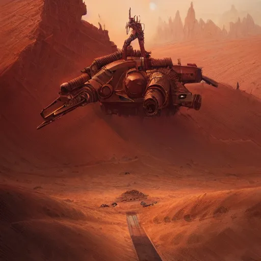 Image similar to mech, post-apocalyptic, hulking, wide shot, desert background, highly detailed, digital painting, artstation, concept art, sharp focus, illustration, art by artgerm and greg rutkowski and magali villeneuve, Zdzisław Beksiński, red brown and white color scheme