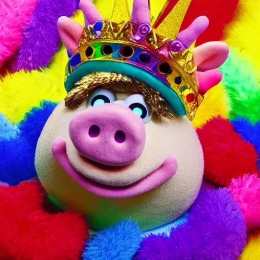 Image similar to rainbow pig wearing a gold crown as a Muppet 8k