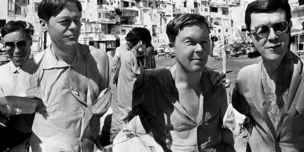 Prompt: a portrait of joe orton and Kenneth Halliwell, a busy street in algiers, a bright sunny day, an algierian beach