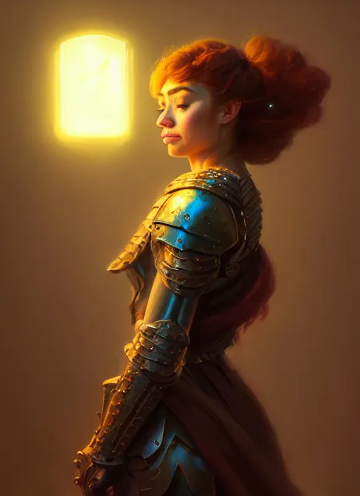 Image similar to side portrait, imogen poots, paladin!, fantasy, gloomhaven, luminescent, organic painting, gaudy colors, octane render, unreal engine, by greg manchess, huang guangjian, gil elvgren, sachin teng, greg rutkowski, jesper ejsing, ilya kuvshinov