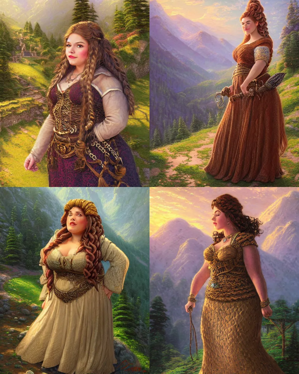 Prompt: beautiful dwarven lady wearing an elegant brocade dress in the mountains, by thomas kinkade, dungeons and dragons, lord of the rings, intricate, ultrarealistic, cheerful, complex braided hair, chubby and plump, big nose, sharp focus, sunlight, soft lighting