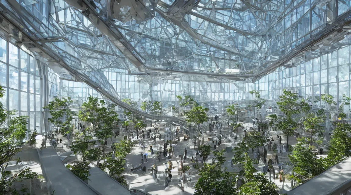 Prompt: office of the future overlooking glass atrium with parks and plants, large windows, voluminous light and light rays, extremely intricate, very detailed, in style of norman foster, bjarke ingels, zaha hadid, artstation, octane render, cinematic lighting